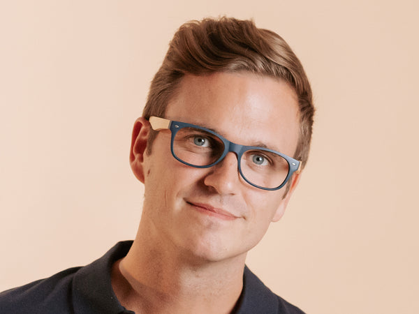 Man wearing Natural Bamboo Readers 'Oakland' Matt Blue
