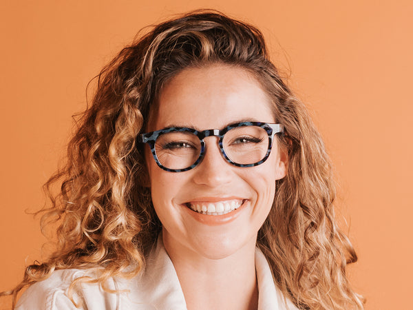 Woman wearing Reading Glasses 'Kitty' Blue Leopard