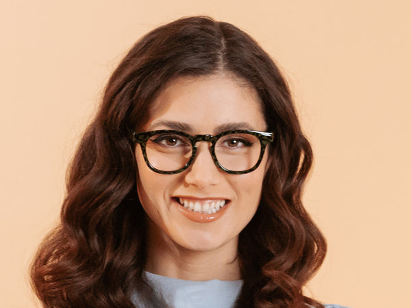 Woman wearing Reading Glasses 'Kitty' Green Leopard