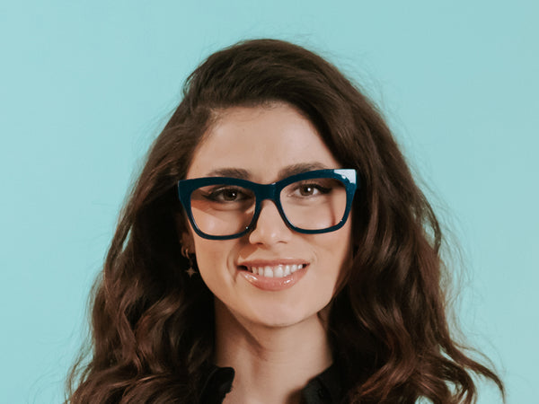 Woman wearing Reading Glasses 'Showtime' Navy Blue