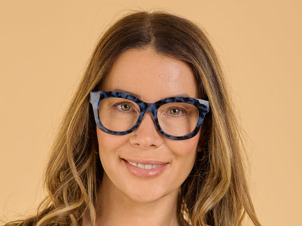 Woman wearing Reading Glasses 'Encore' Blue Tortoiseshell