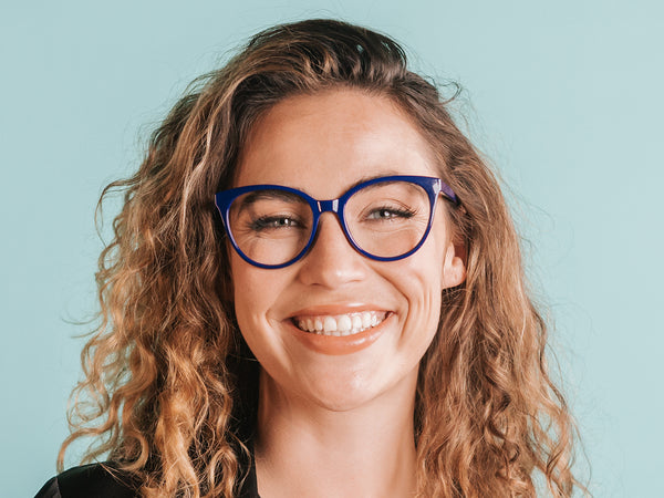 Woman wearing Reading Glasses 'Millie' Navy Blue