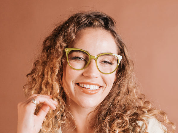 Woman wearing Reading Glasses 'Millie' Olive
