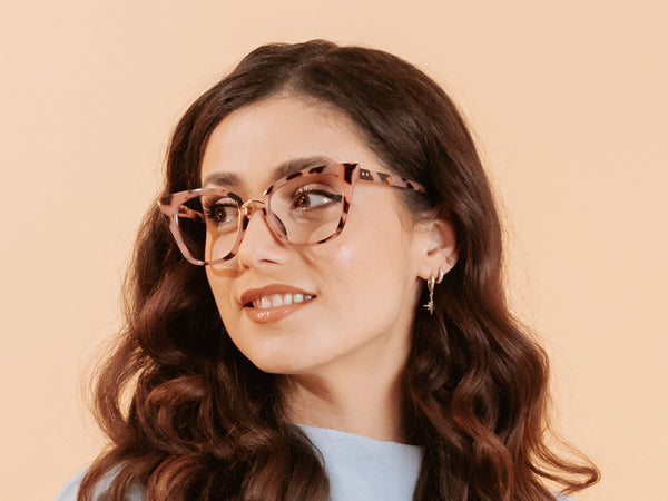 Woman wearing Reading Glasses 'Penelope' Pink Tortoiseshell