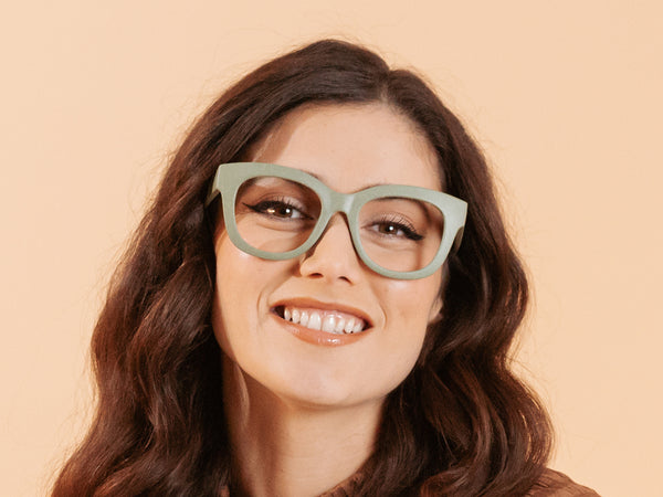 Woman wearing Eco-Wheat Reading Glasses 'Encore' Green