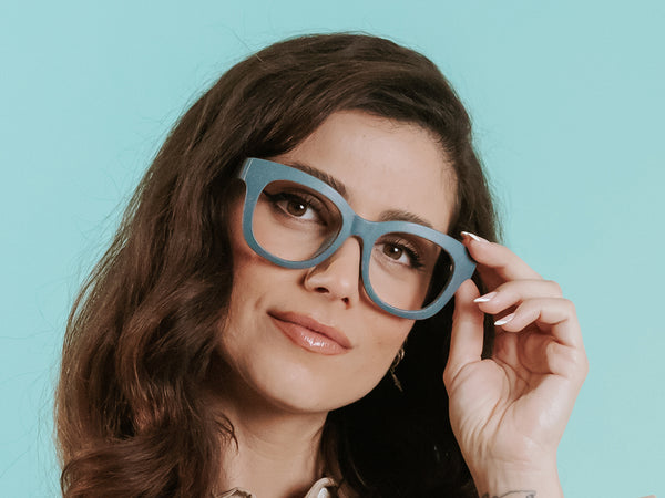 Woman wearing Eco-Wheat Reading Glasses 'Encore' Slate Blue