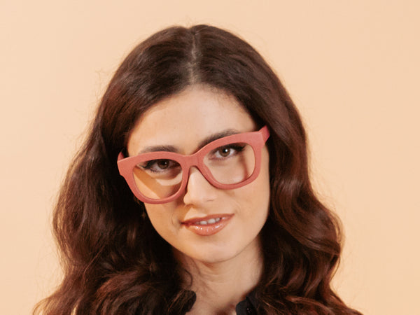 Woman wearing Eco-Wheat Reading Glasses 'Encore' Fuchsia