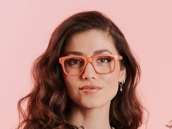 Woman wearing Eco-Wheat Reading Glasses 'Weybridge' Orange