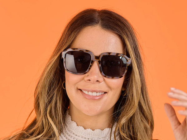 Woman wearing Sunglasses Polarised 'Pedro' White Tortoiseshell