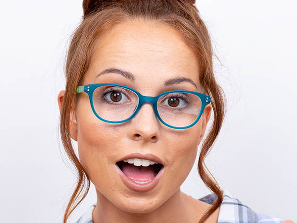 Woman wearing Reading Glasses 'Emmy' Blue/Green