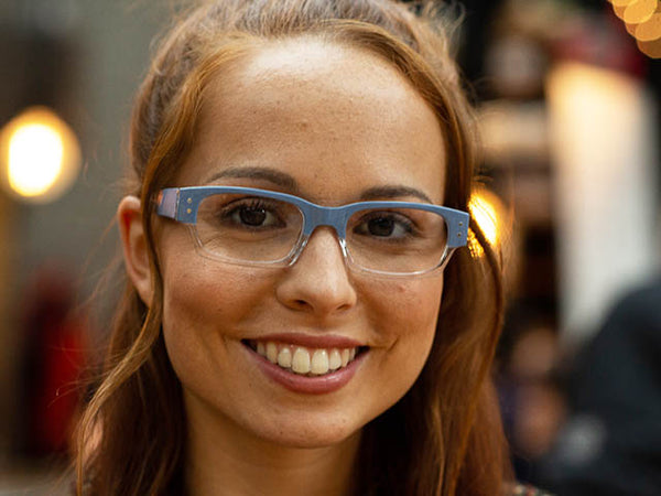 Woman wearing Reading Glasses 'Portabello' Light Blue